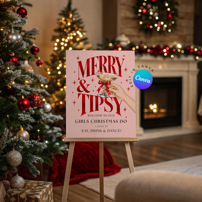 Pink Merry & Tipsy editable Christmas party welcome sign Canva template