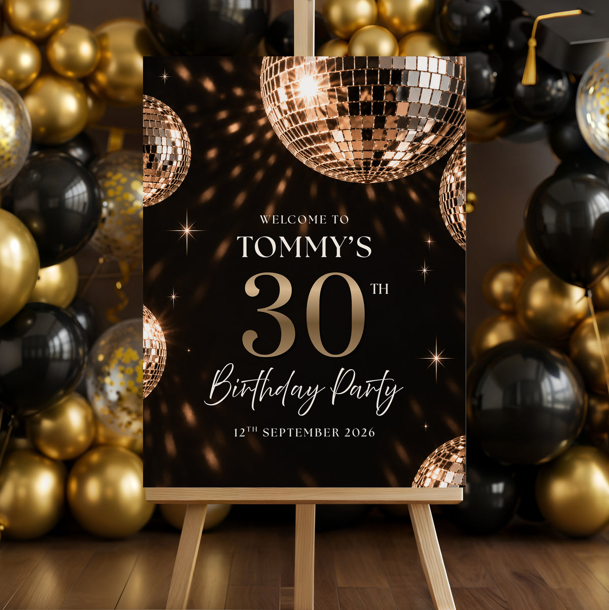 Black & Gold Disco Ball Birthday Welcome Sign