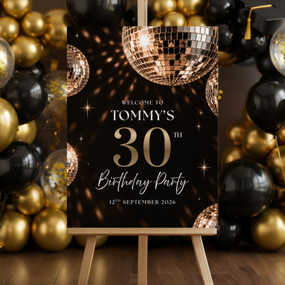 Black & Gold Disco Ball Birthday Welcome Sign