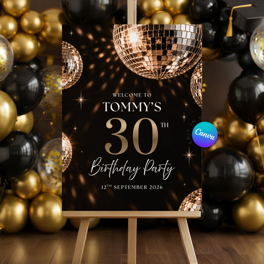 Black Retro Disco Ball Birthday Welcome Sign - Digital Download