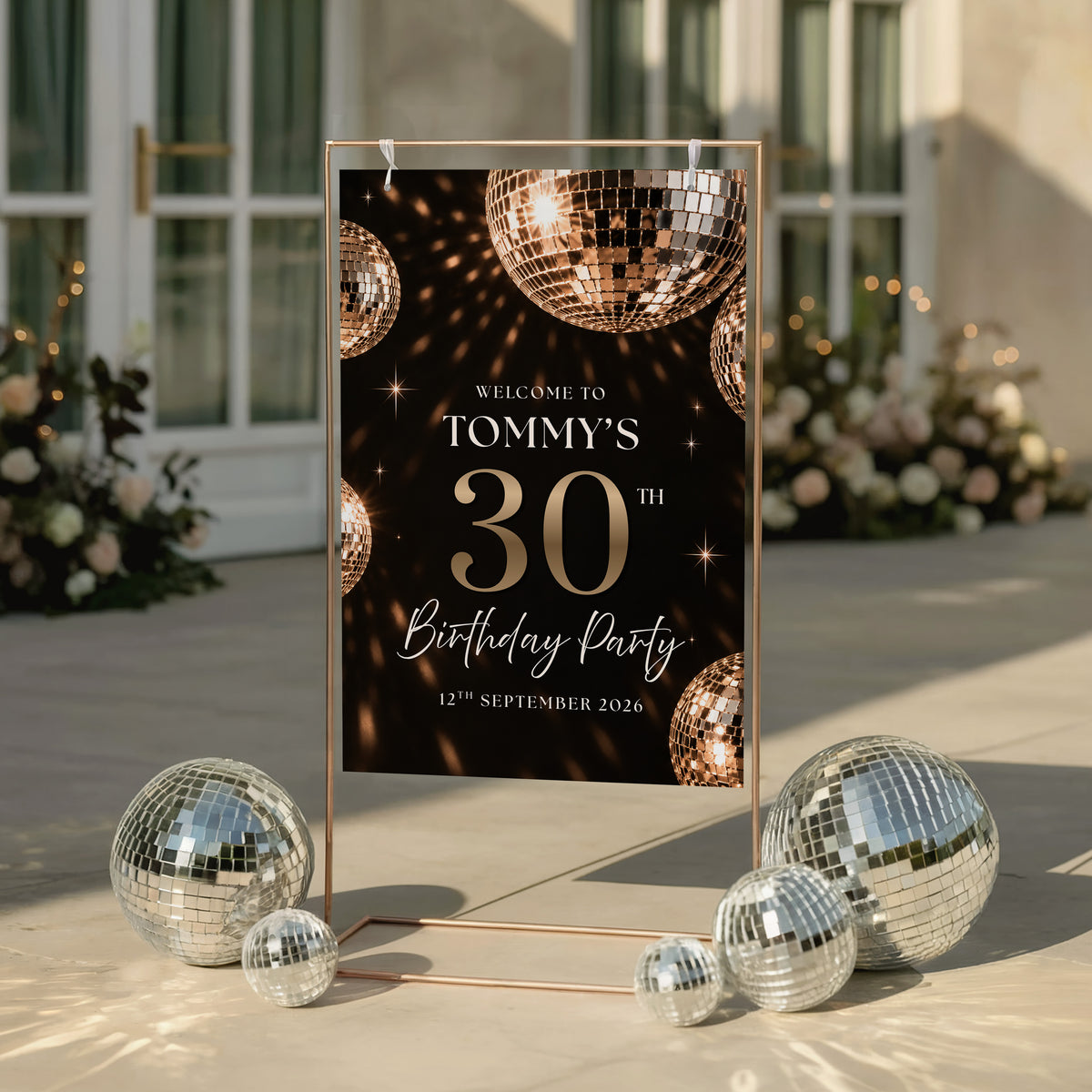 Black & Gold Disco Ball Birthday Welcome Sign