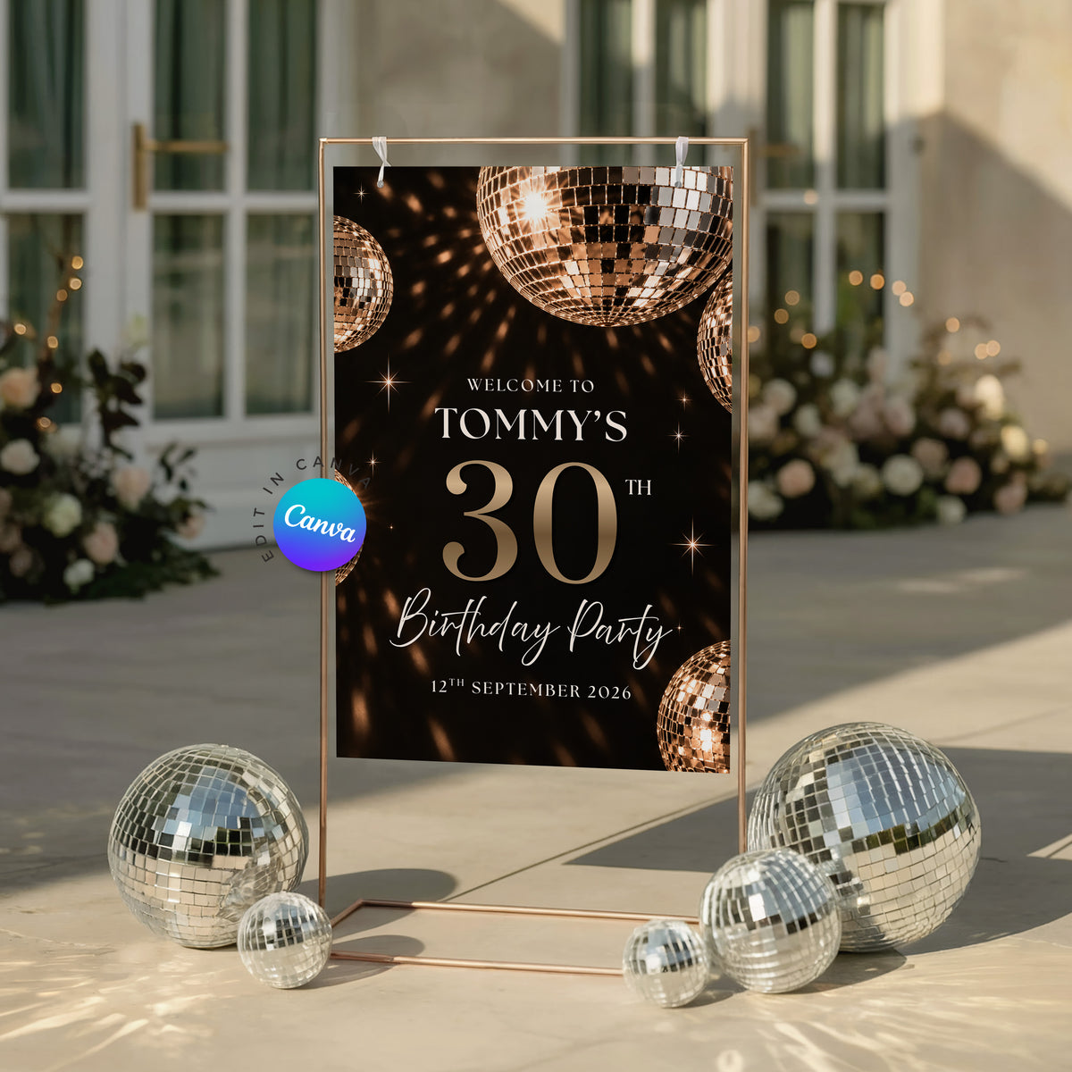 Black Retro Disco Ball Birthday Welcome Sign - Digital Download