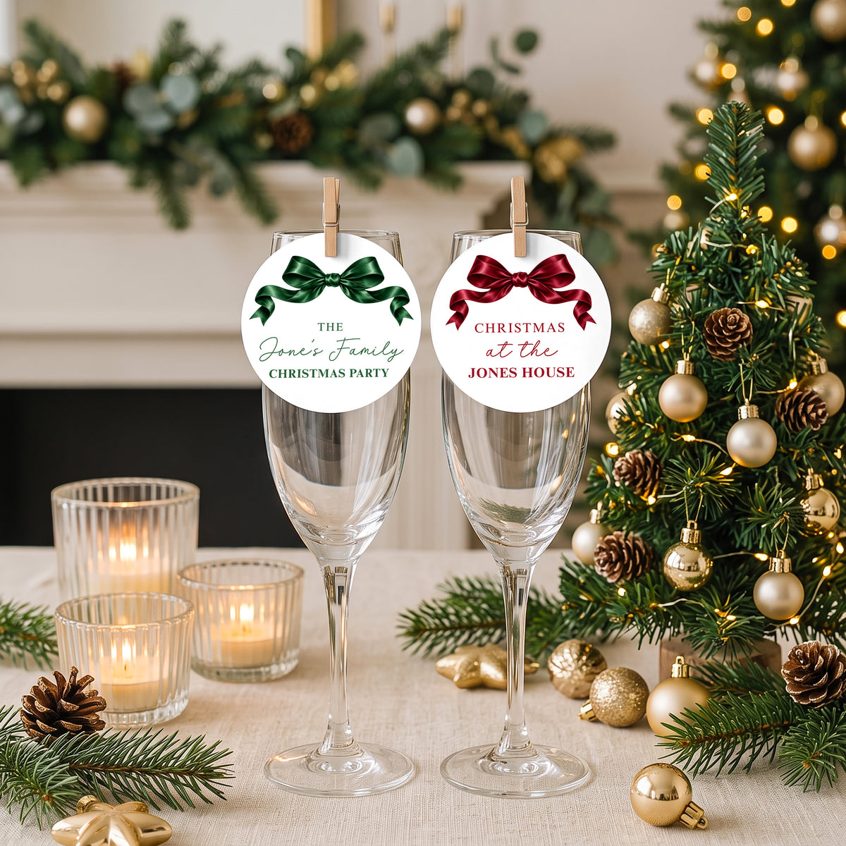 Festive Bow Christmas Drinks Tags, Glass Toppers