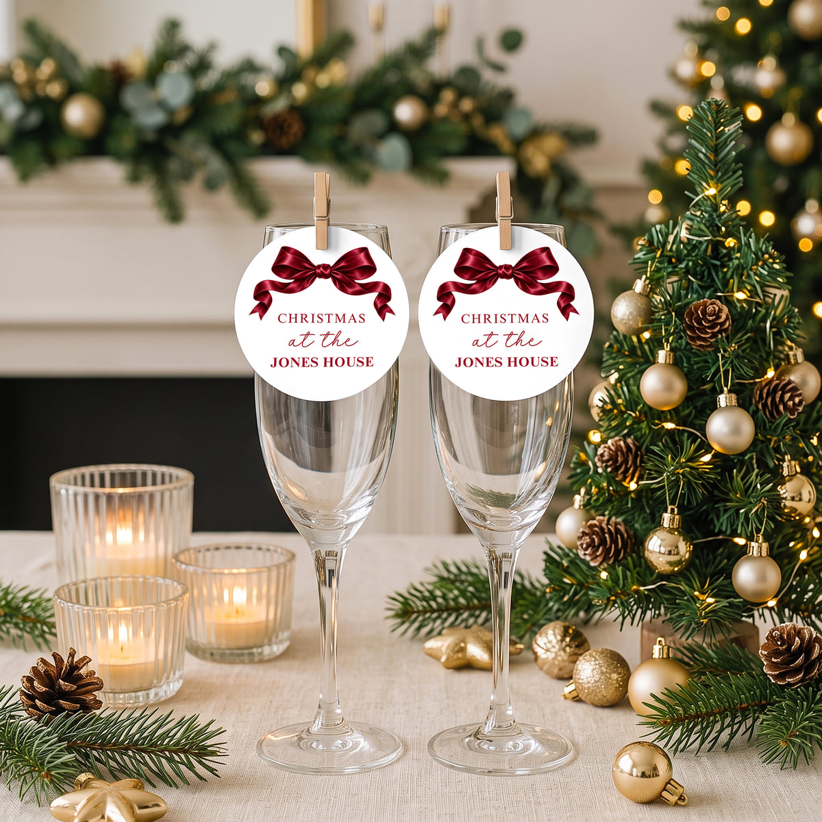 Festive Bow Christmas Drinks Tags, Glass Toppers