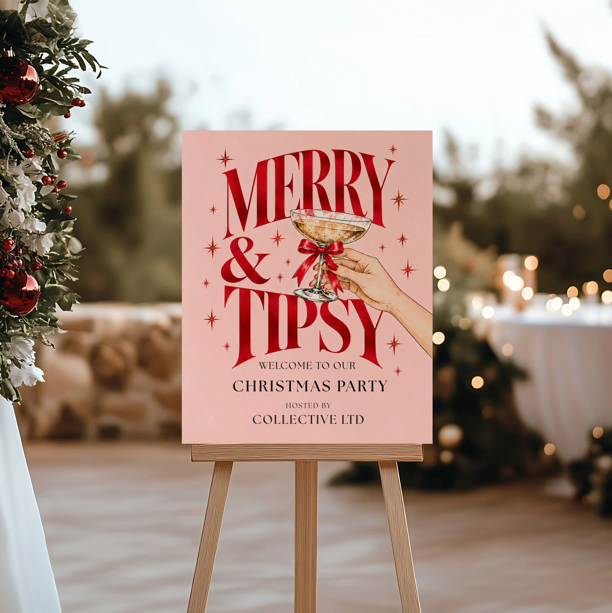 Pink Cocktail Christmas Party Welcome Sign