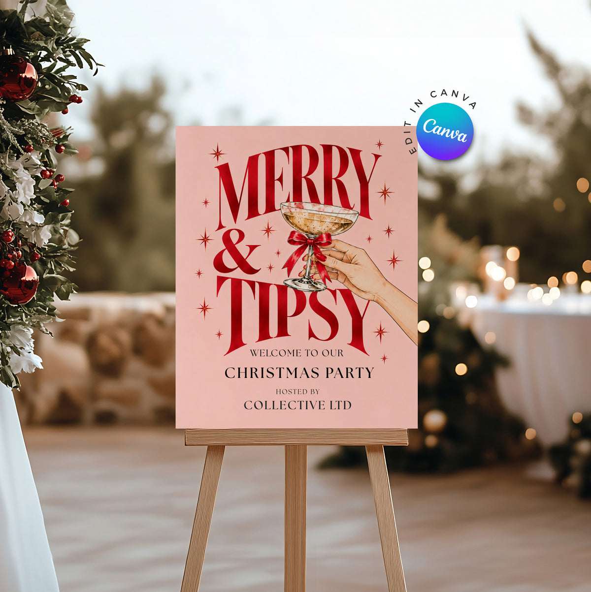 Pink Cocktail Christmas Party Welcome Sign - Digital Download