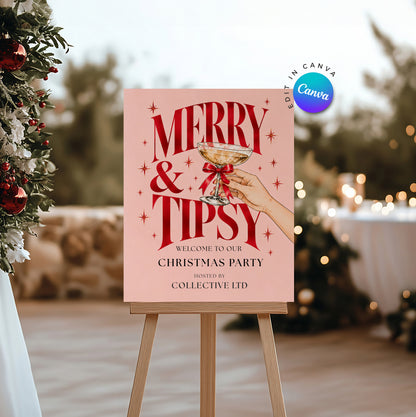 Pink Cocktail Christmas Party Welcome Sign - Digital Download