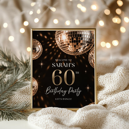 Black & Gold Disco Ball Birthday Welcome Sign
