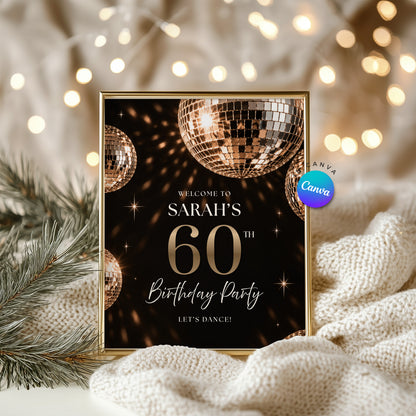 Black Retro Disco Ball Birthday Welcome Sign - Digital Download